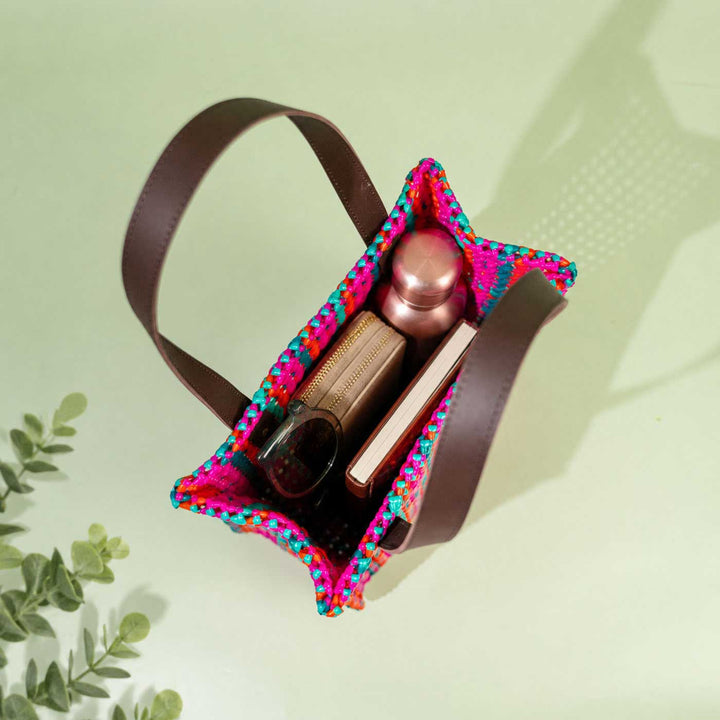 Checkered Pink & Blue Mukhya Knot Handmade Koodai Tote Bag