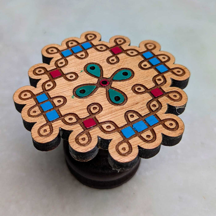 2 pc | Hand-Painted Engraved Teal & Red Mahogany Wood Kolam Kolam Agarbatti Holder For Pooja Room