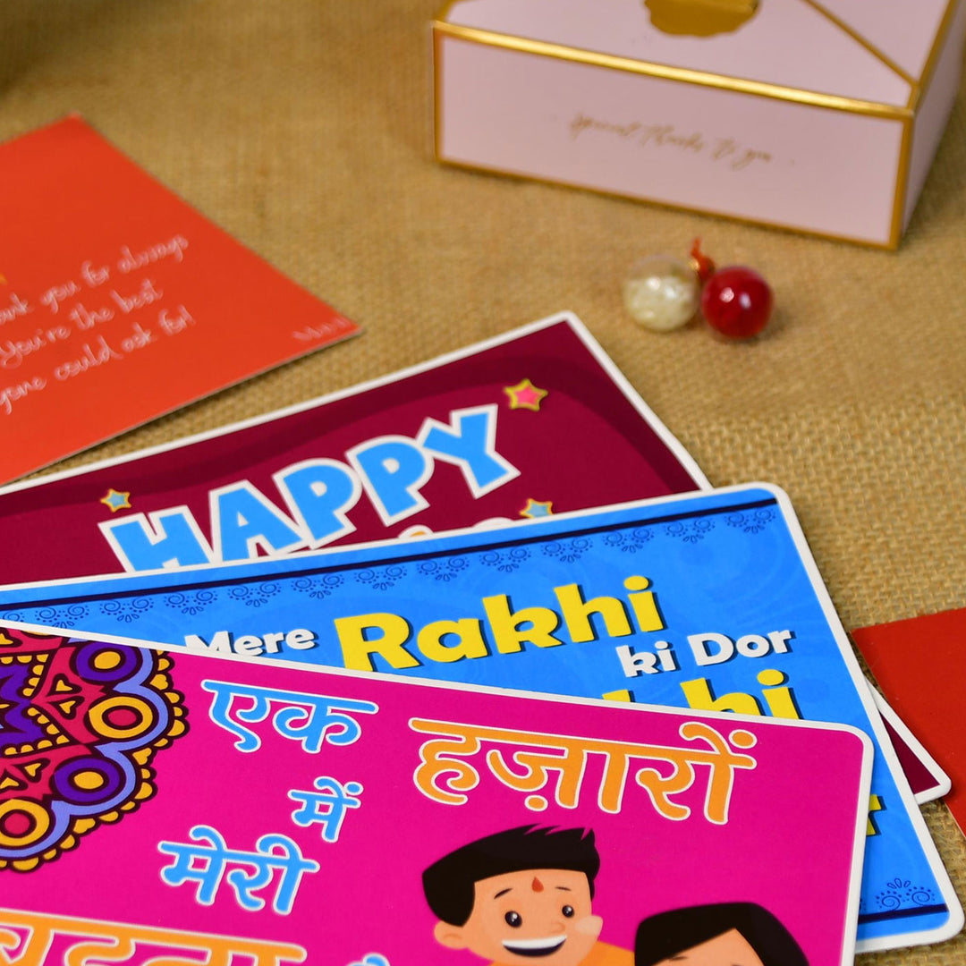 Beaded Infinity Pearl And Stone Bracelet Rakhi Hamper With Chocolates And Roli Chawal For Brother Customizable Options Includes Up To 7 Goodies - Rakhi greeting cards spread