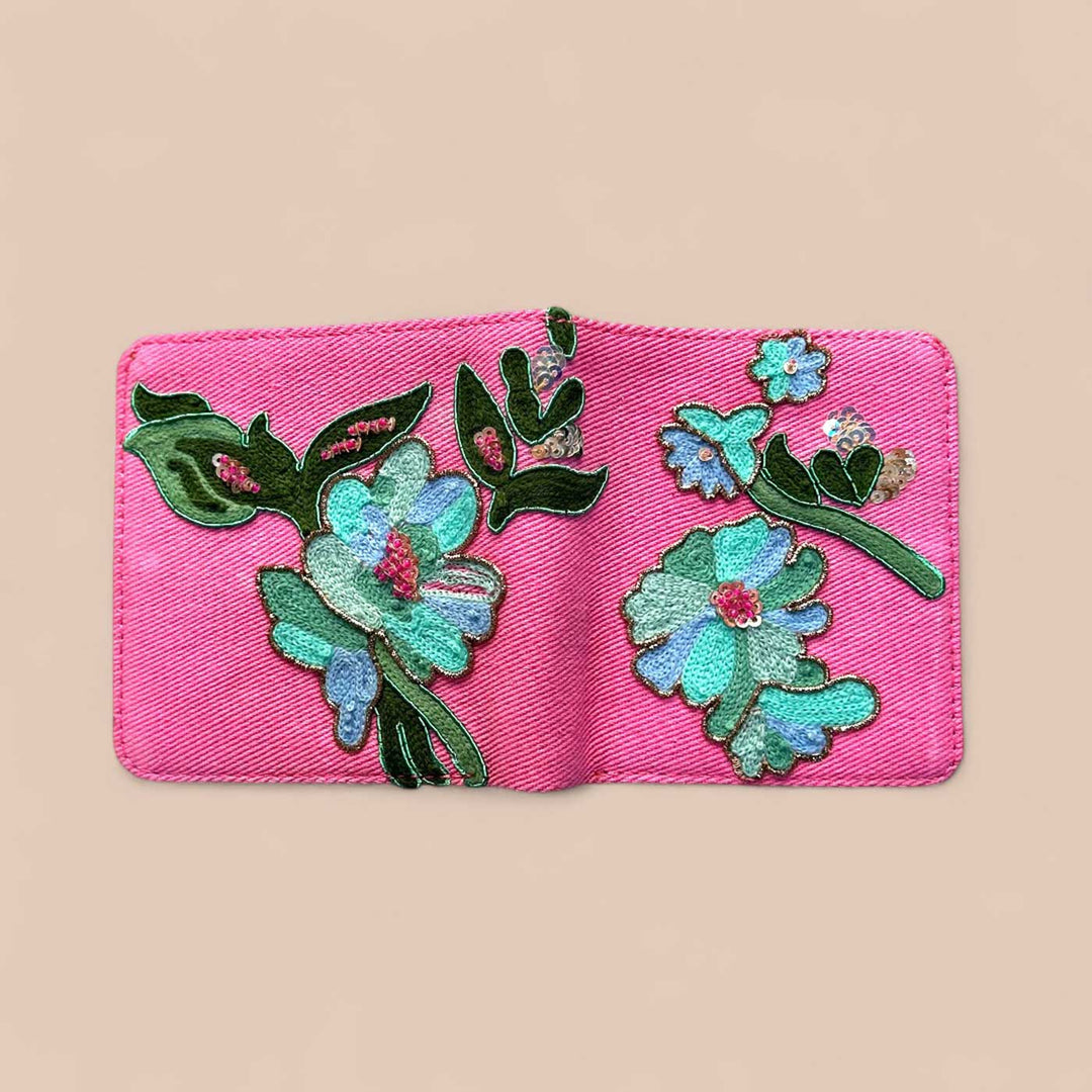 Handmade Embroidered Anisa Flower Pink Design Canvas Wallet