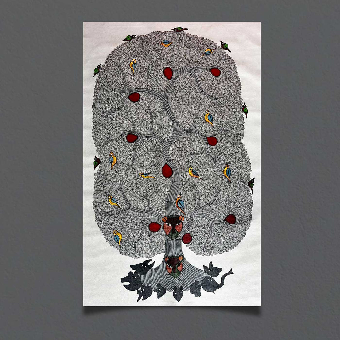 24 x 36 Inch | Guardians of the Forest | Original Hand Painted Tribal Gond Art Painting | Acrylic Paints On Paper