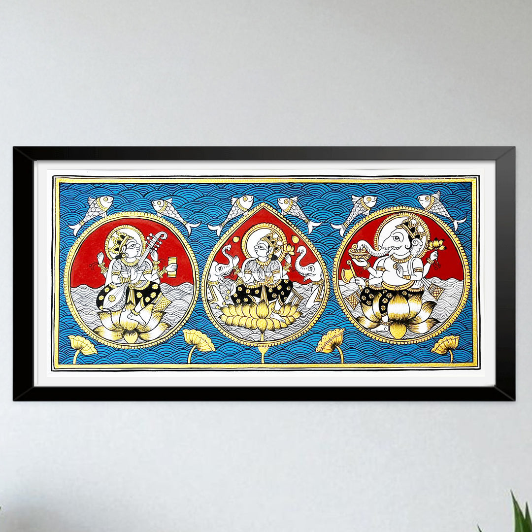 6.5 X 14 Inch | Saraswati Lakshmi Ganesh Paper Phad Painting