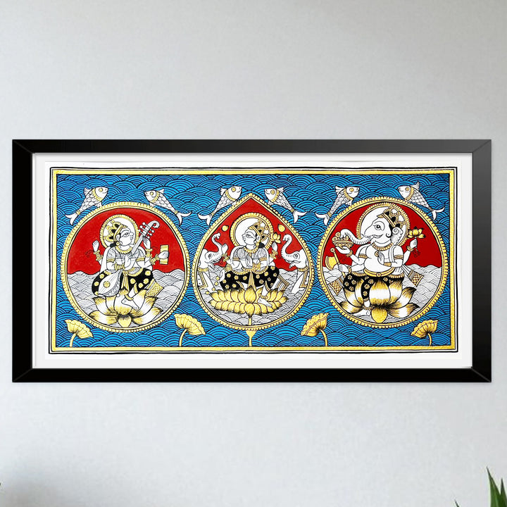 6.5 X 14 Inch | Saraswati Lakshmi Ganesh Paper Phad Painting