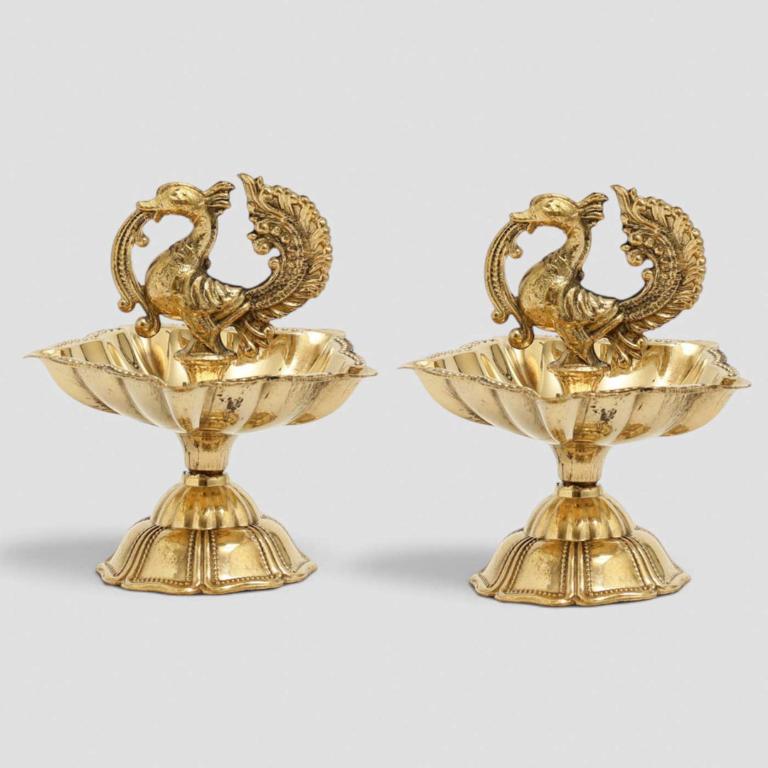 2 pc | Peacock Brass Oil Lamp With Stand For Festive Decor