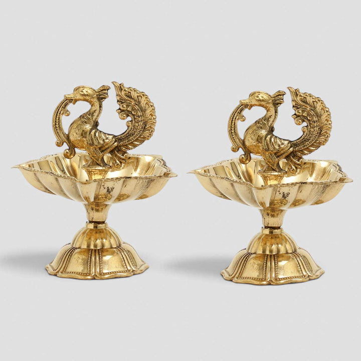 2 pc | Peacock Brass Oil Lamp With Stand For Festive Decor
