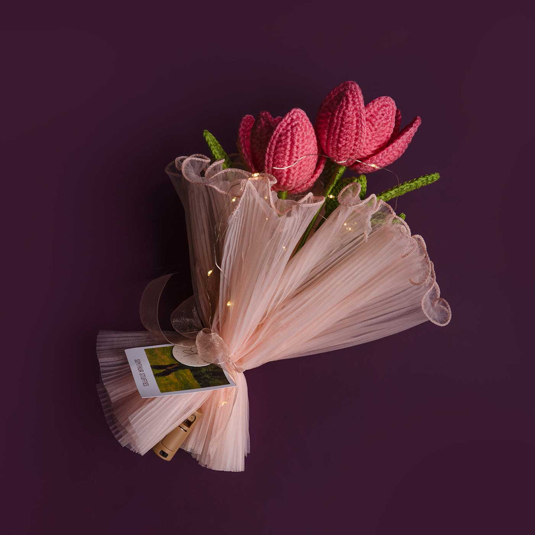 Handmade Crochet Pretty In Pink Flower Bouquet With Lights | Includes Photo & Greeting Card