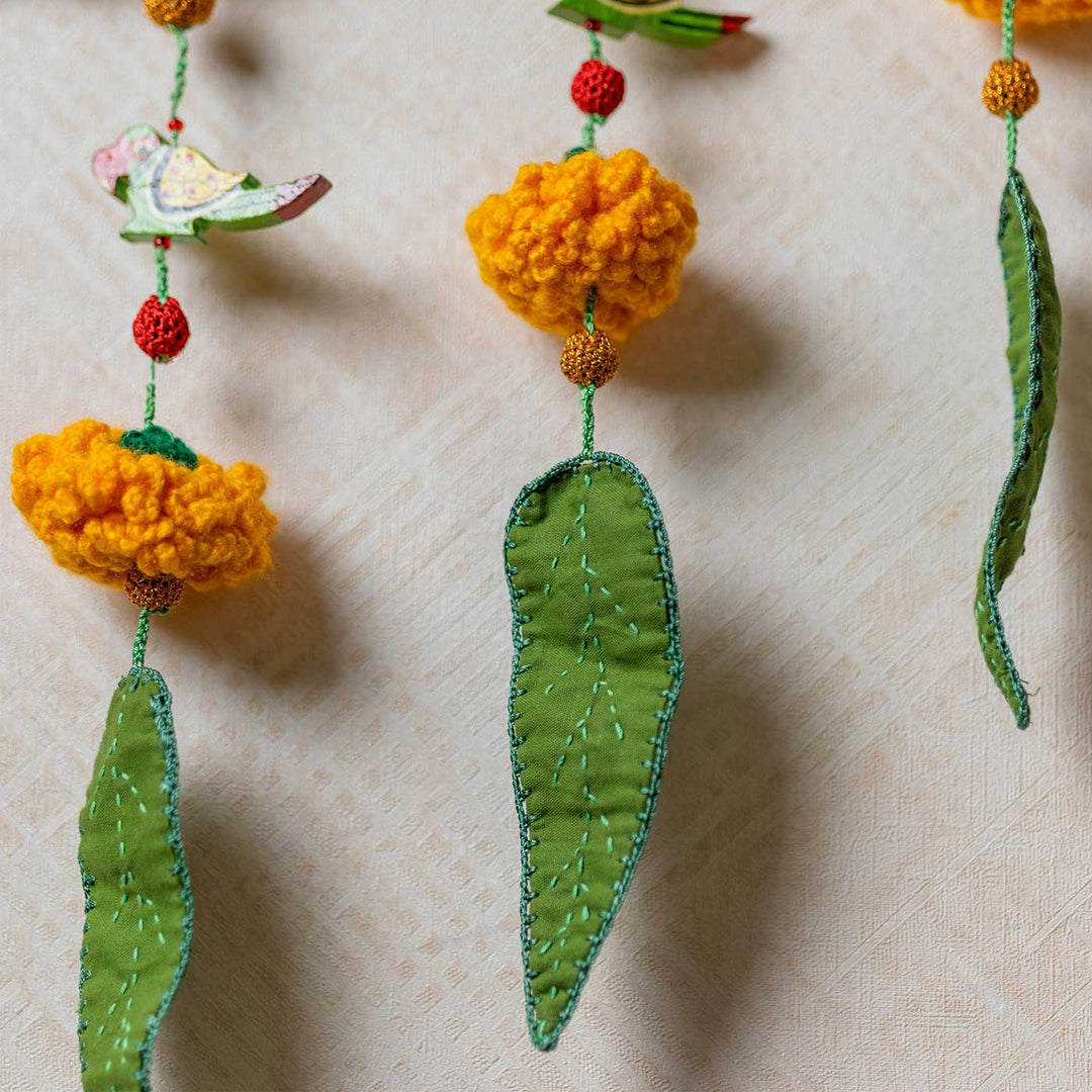 49 Inch | Intricate Realistic Crochet Ashok Patta Marigold And Parrot Cotton Toran