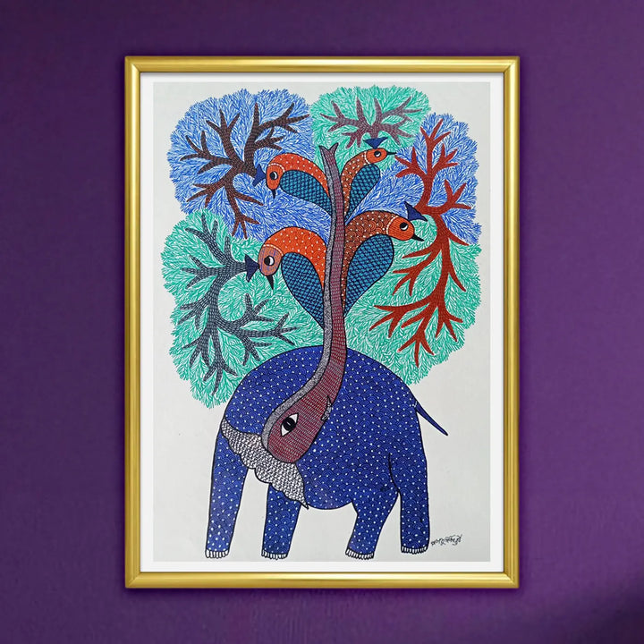 16 x 23 Inch | Elephant & Peacock | Original Hand Painted Tribal Gond Art Painting | Acrylic Paint On Paper