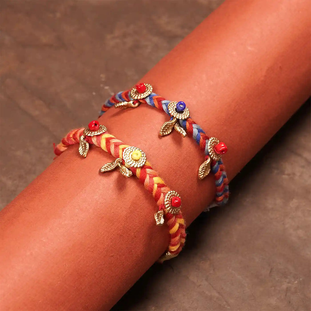 Handmade Braided Multicolour Rakhi With Roli Chawal Set Of 2 - Worn on Wrist Display
