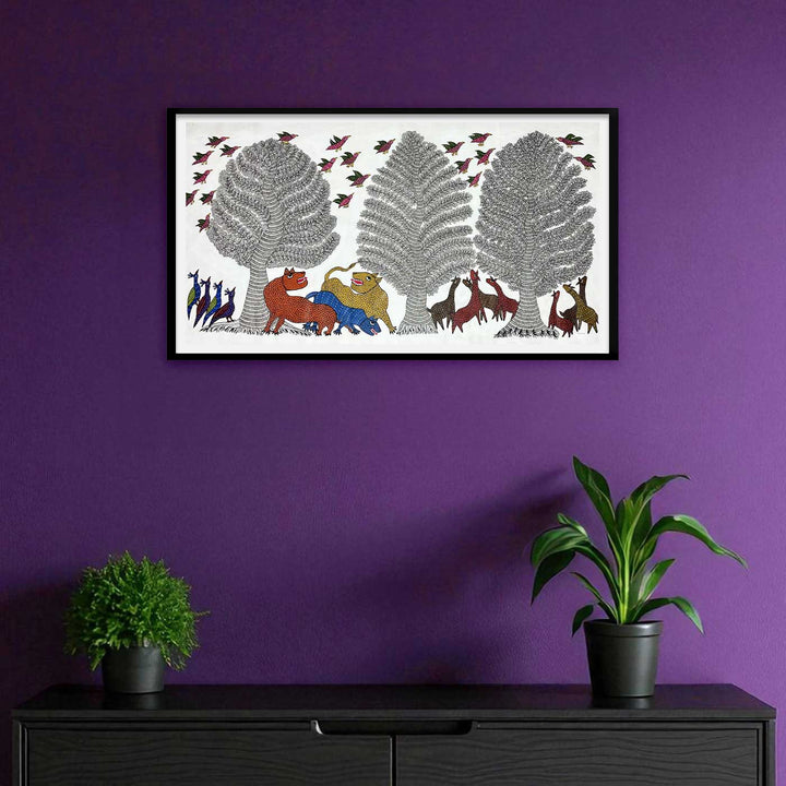 15 x 22 Inch | Nature & Animal behavior | Original Hand Painted Tribal Gond Art Painting | Acrylic Paints On Canvas