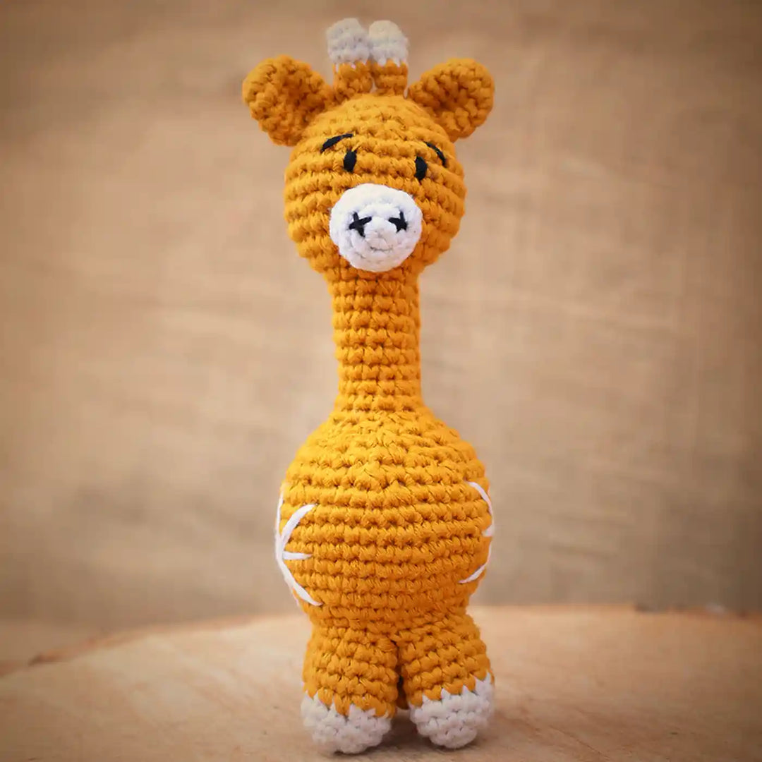 Handmade Crochet Giraffe Theme Kids Rakhi And Toy Combo With Roli Chawal Set Of 2 - Front View
