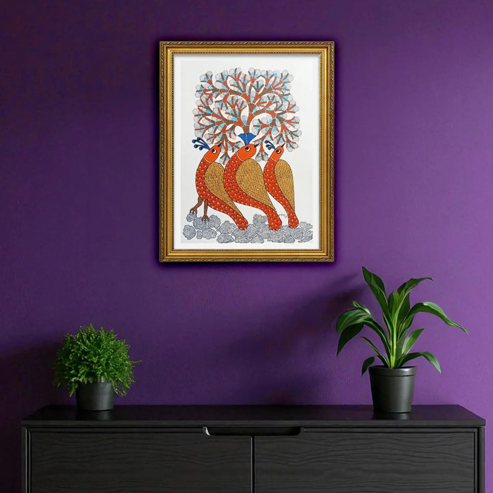 11 x 16 Inch | Birds Trio | Original Hand Painted Tribal Gond Art Painting | Acrylic Paint On Paper