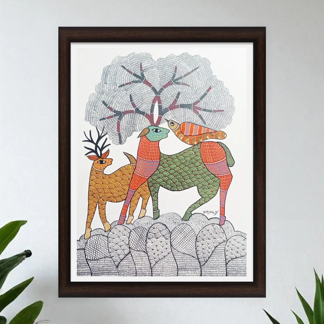 11 x 16 Inch | Wildlife & Nature | Original Hand Painted Tribal Gond Art Painting | Acrylic Paint On Paper