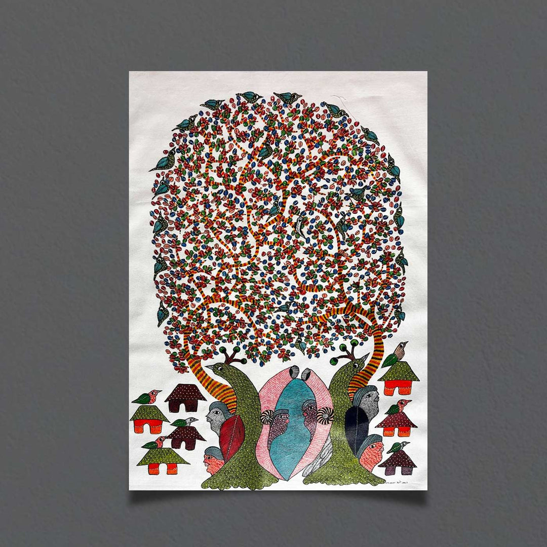 24 x 36 Inch | Guardians of the Village | Original Hand Painted Tribal Gond Art Painting | Acrylic Paints On Paper