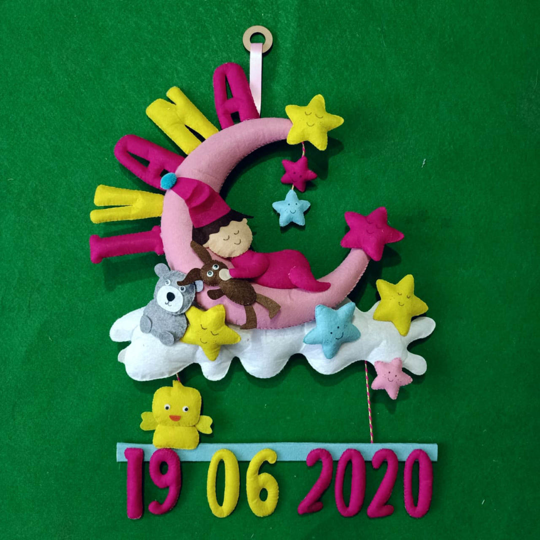 Handcrafted Personalized Baby Moon Felt Name Plates For Kids With Date Of Birth - Hanging Front View with Date Display