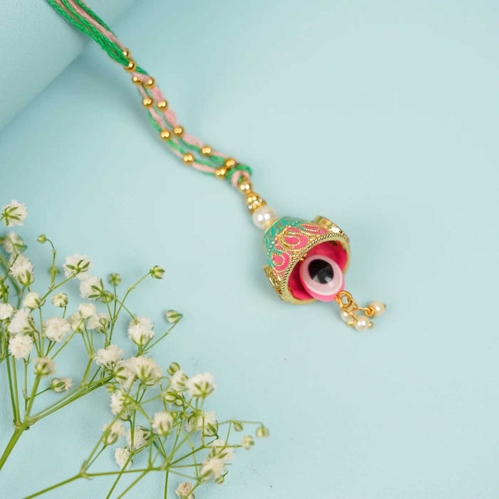 Handmade Beaded Pink & Green Jadtar Lumba Rakhi for Bhabhi With Roli Chawal