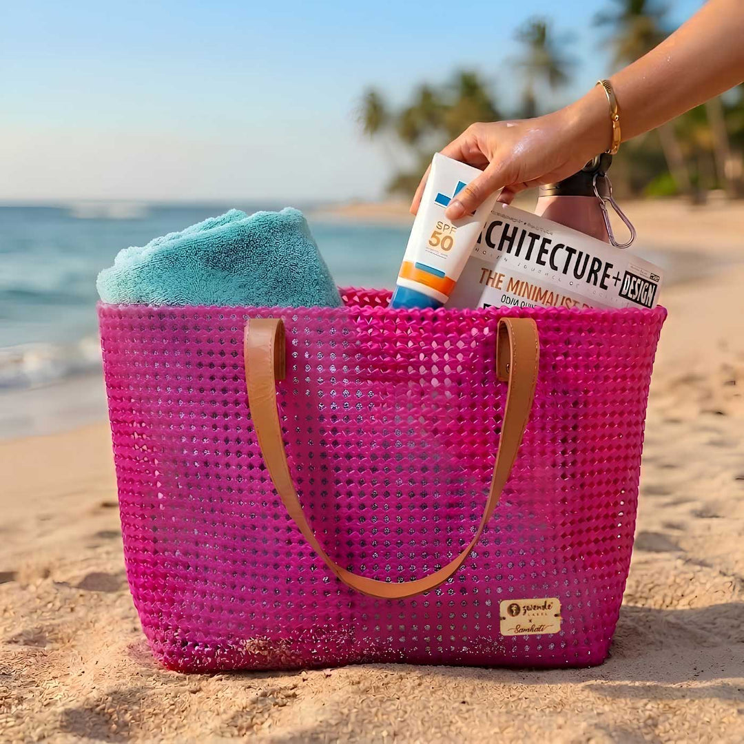 Hot Pink Solid Mukhya Knot Handmade Koodai Beach Bag