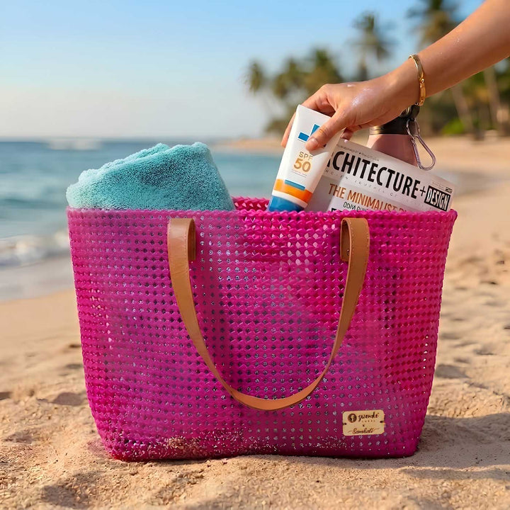 Hot Pink Solid Mukhya Knot Handmade Koodai Beach Bag