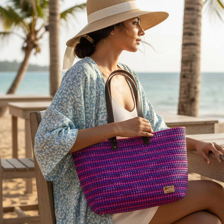 Purple and Pink Striped Mukhya Knot Handmade Koodai Beach Bag