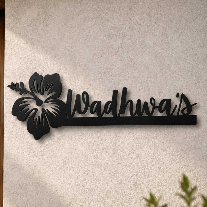 "Floral Swirl" Personalized Weatherproof Stainless Steel Name Plate With Hibiscus Motif For Home