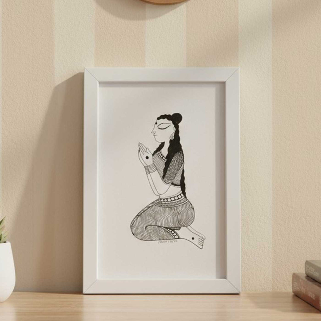 6 x 9 Inch | Namaskar Yoga Pose | Minimalist Black & White Mudhubani Style Line Drawing With Frame