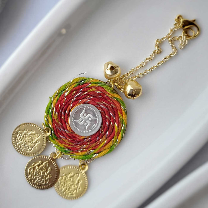 Handmade Three Swastik Silver Coin Lumba Rakhi for Bhabhi With Roli Chawal
