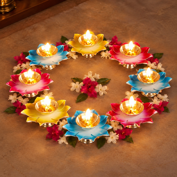 Set of 8 | Handmade Colorful Akhand Brass Oil Lamp / Diya