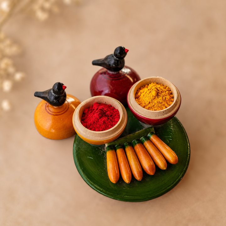 Handmade Tamboolam Bird Wooden Kumkum Holder For Festive Golu Decor