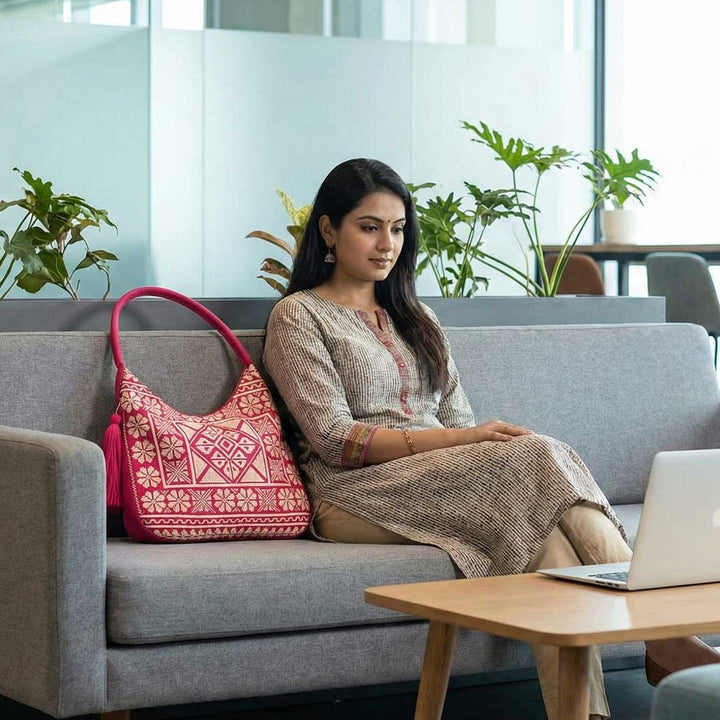 Fuchsia Rose Cross-Stitch Embroidered Hobo Shoulder Bag