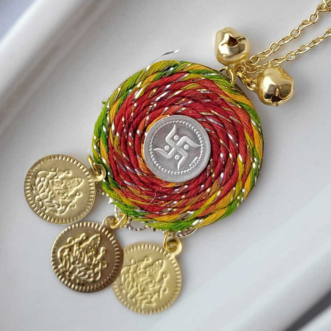 Handmade Three Swastik Silver Coin Lumba Rakhi for Bhabhi With Roli Chawal