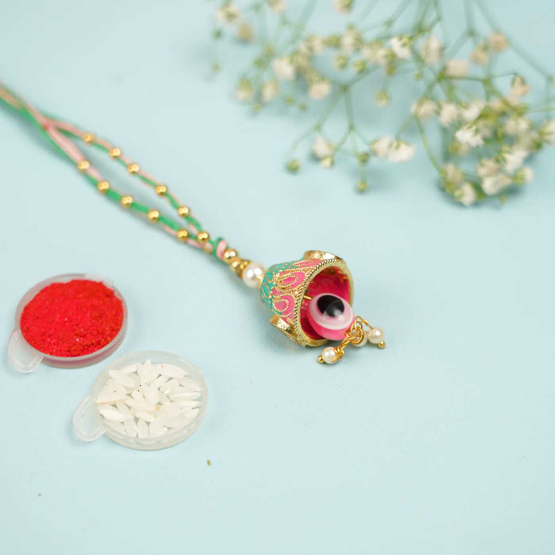 Handmade Beaded Pink & Green Jadtar Lumba Rakhi for Bhabhi With Roli Chawal