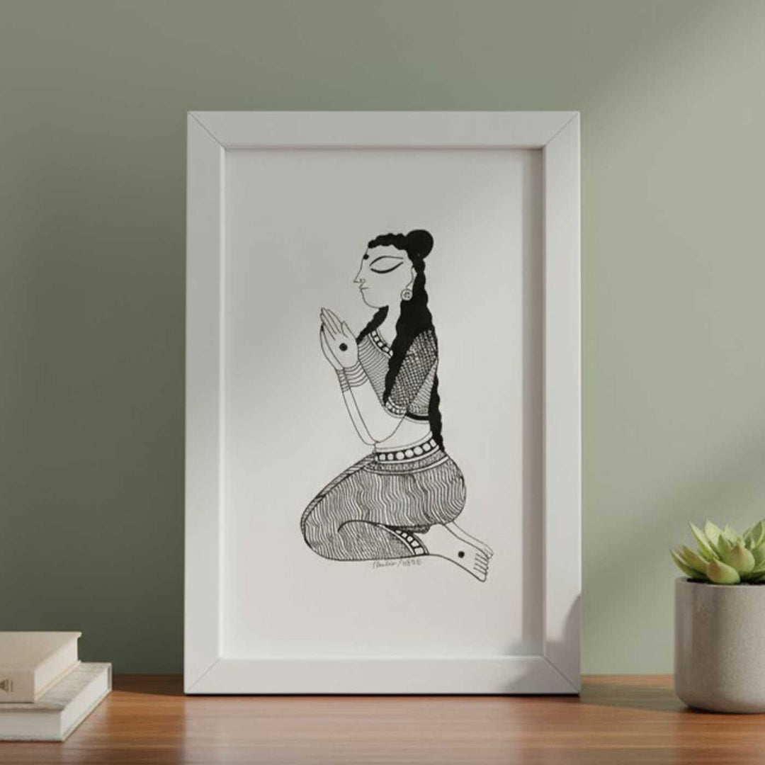 6 x 9 Inch | Namaskar Yoga Pose | Minimalist Black & White Mudhubani Style Line Drawing With Frame