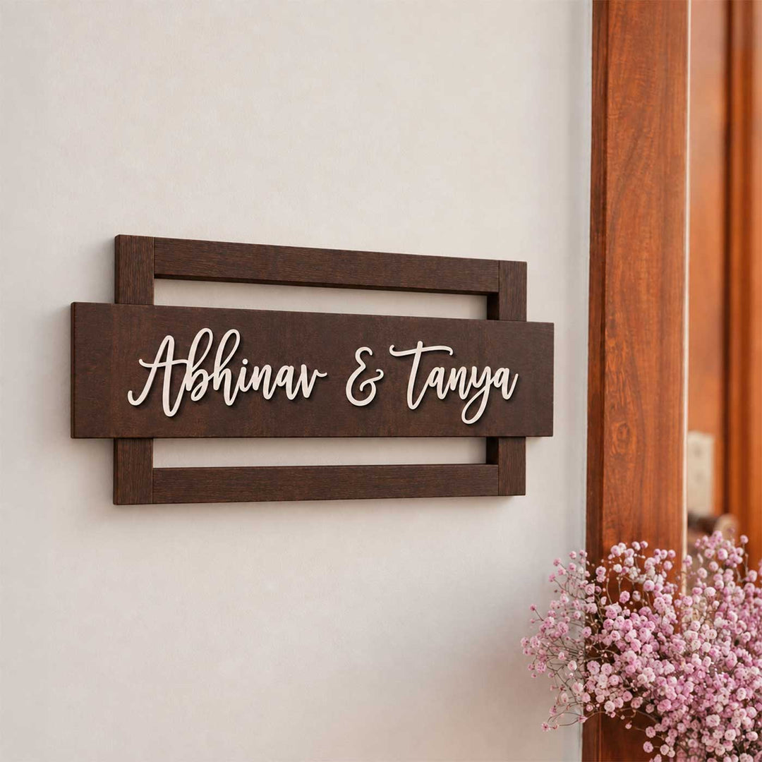Personalized Laser Cut Silhouette Rubber Wood Name Plate With Metal Text For Home