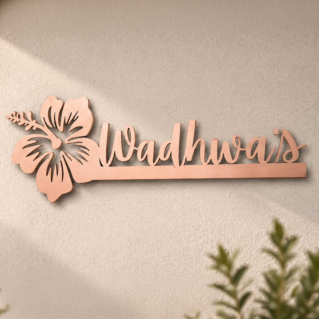 "Floral Swirl" Personalized Weatherproof Stainless Steel Name Plate With Hibiscus Motif For Home