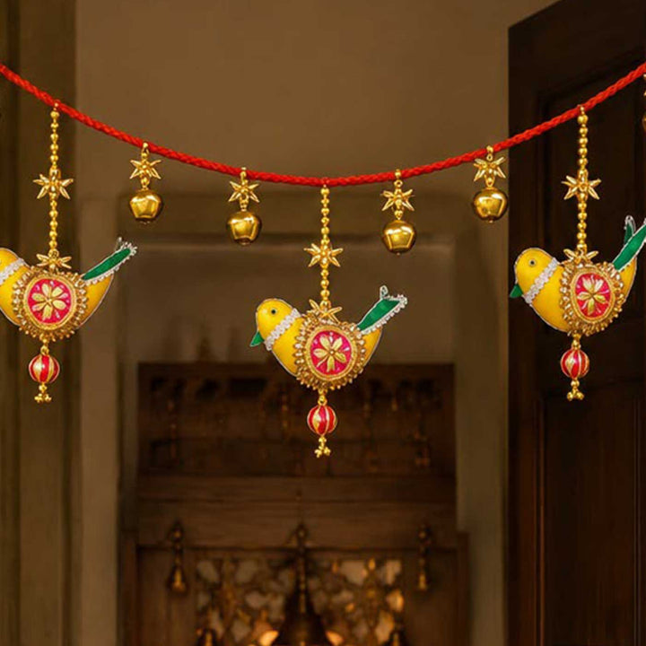 42 Inch | Handcrafted Chidiya Gota Patti Bird Motif Silk Toran with Pearls & Ghungroo