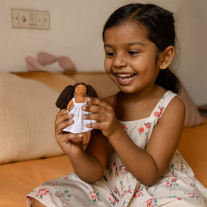 Nilah's (Younger Sister) Mira In Purple Dress | Soft Hand-Stitched Sustainable Indian Play Doll
