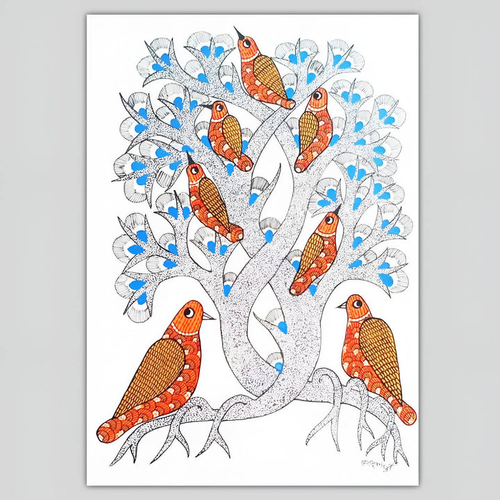 11 x 16 Inch | Birds On Tree | Original Hand Painted Tribal Gond Art Painting | Acrylic Paint On Paper