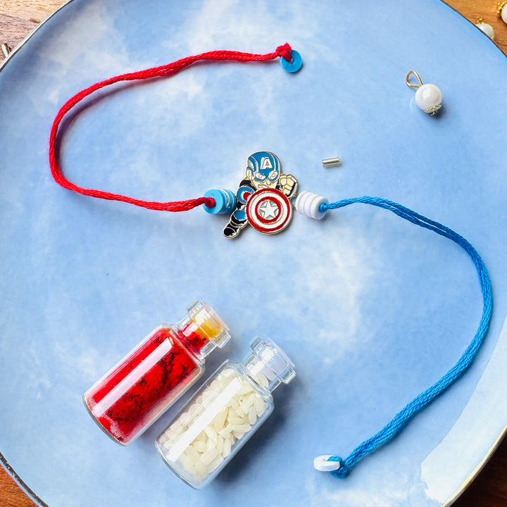 Reusable Handmade Captain America Charm Kids Rakhi With Roli Chawal For Brother
