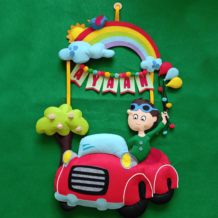 Handcrafted Personalized Rainbow & Car Themed Felt Name Plate