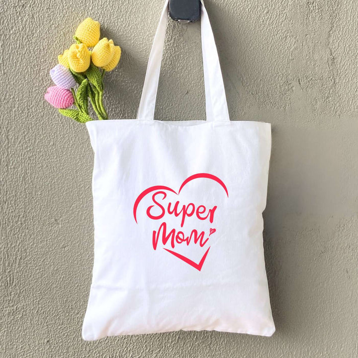 Handmade Printed Super Mom Cotton Tote Bag For Mothers