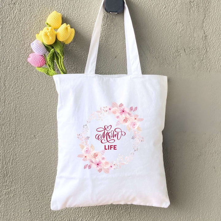 Handmade Printed Mom Life Theme Cotton Tote Bag For Mothers