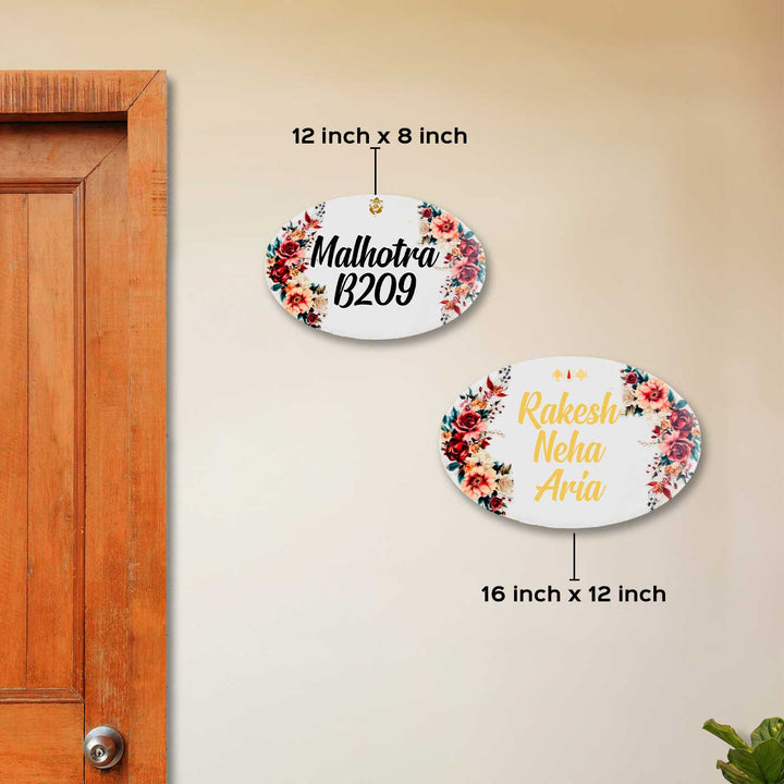 White & Red Floral Personalized Oval Resin Nameplate | With 3D Acrylic Letters