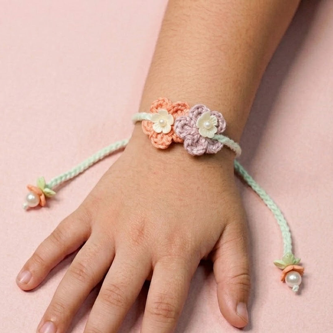 Handmade Crochet Forever Flowers Kids Rakhi With Roli Chawal