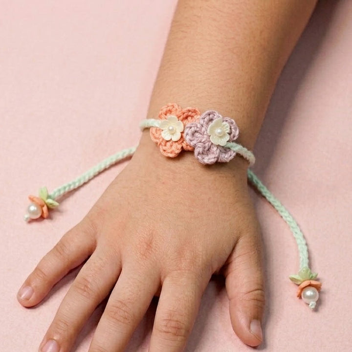 Handmade Crochet Forever Flowers Kids Rakhi With Roli Chawal