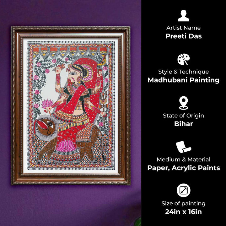 24 x 16 Inch | Maa Durga | Original Hand Painted Madhubani Painting | Acrylic Paints On Paper