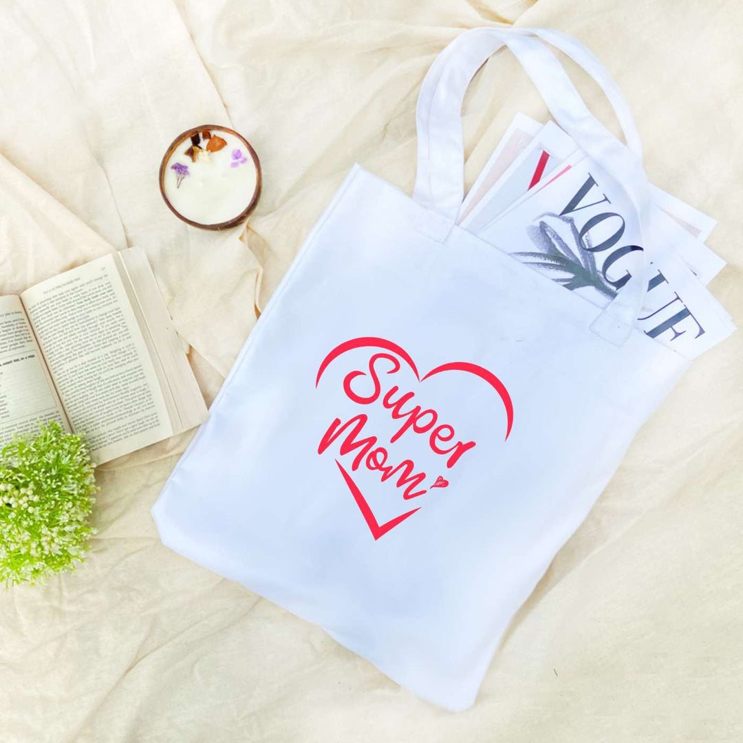 Handmade Printed Super Mom Cotton Tote Bag For Mothers