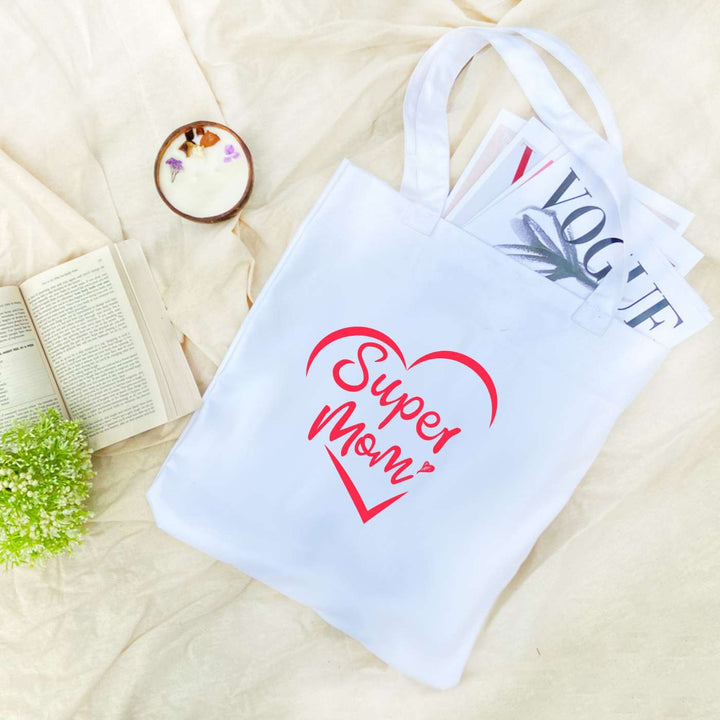 Handmade Printed Super Mom Cotton Tote Bag For Mothers