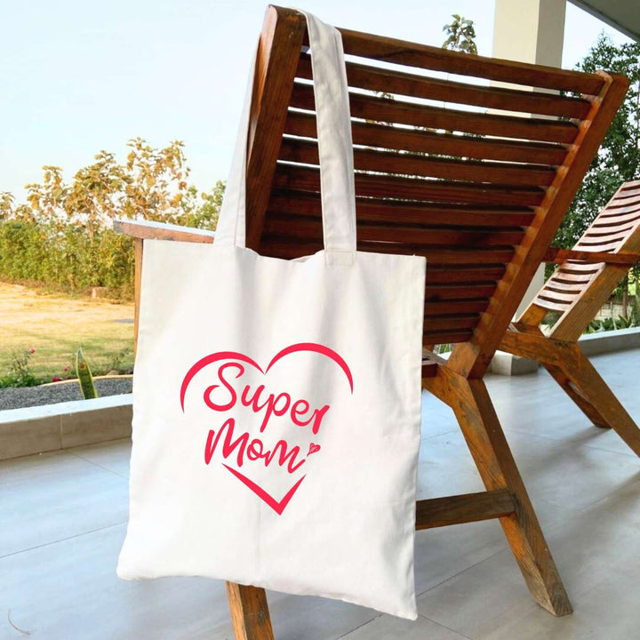 Handmade Printed Super Mom Cotton Tote Bag For Mothers