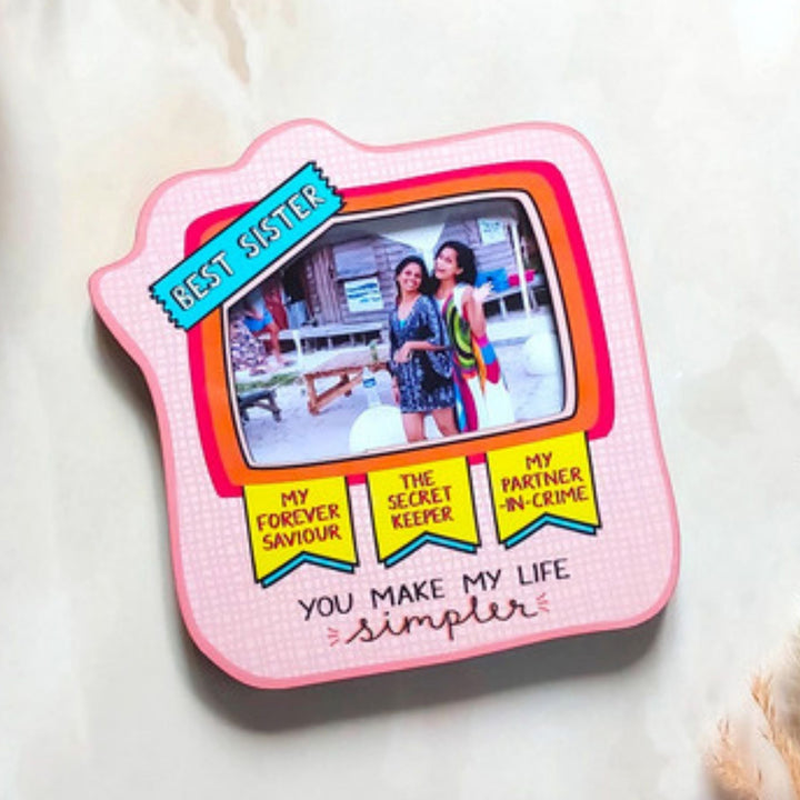 Personalized Photo Magnet & Rakhi Gift Hamper For Sister | With Chocolate & Kumkum Rice