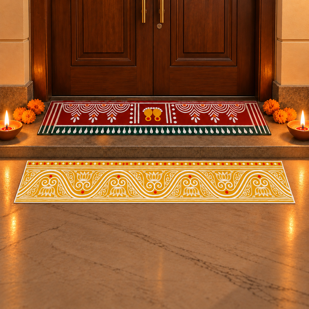2 Pc | Radhachura Strip & Mangalam Strip Reusable Handmade Fabric Rangoli Mat for Festive Entrance Decor